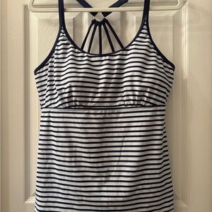 Striped Navy and White Women’s Tankini Swim Top with Strappy Back